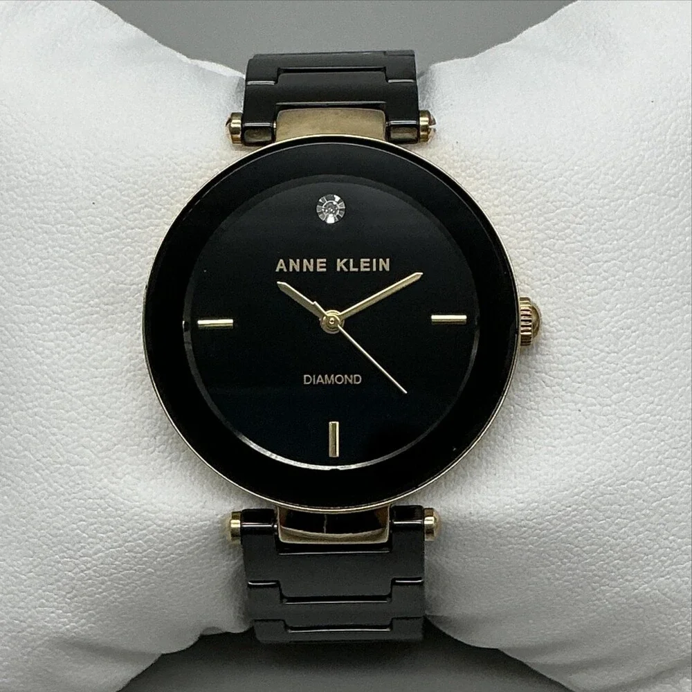 Anne Klein AK/1018 Womens Watch 33mm Black Dial Black Ceramic New Battery 6.75